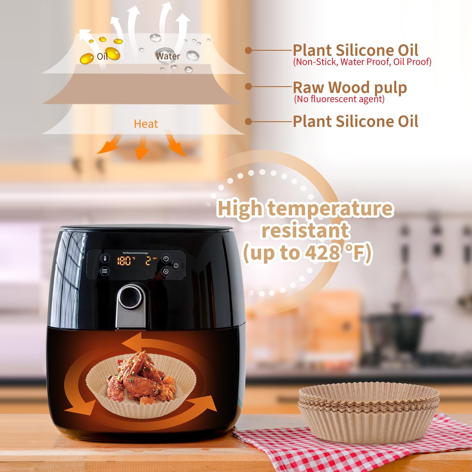 100Pcs Air Fryer Disposable Paper Liner, Non-stick 100pcs, Wood gallery