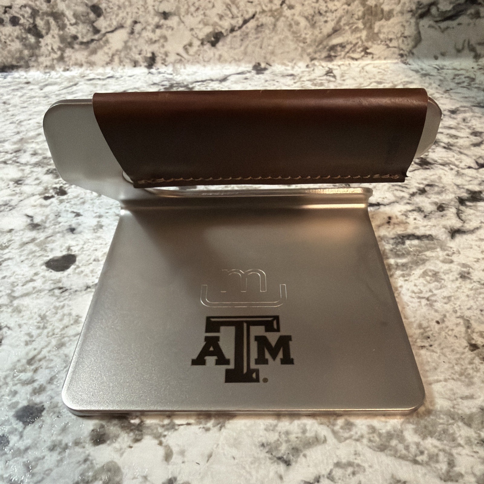 Made In TEXAS A&M 5.5” Metal Grill Press, Stainless Steel w/ Leather Handle gallery