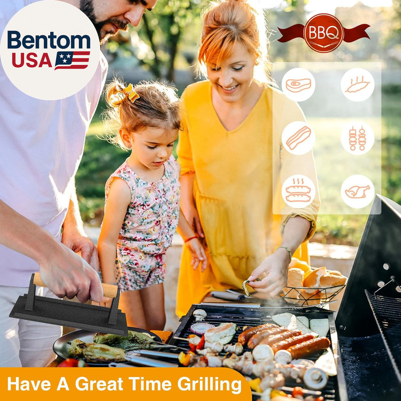 Cast Iron Grill Press-2Pcs, Heavy Duty Bacon/Burger/Griddle/Chef Press with Wood gallery