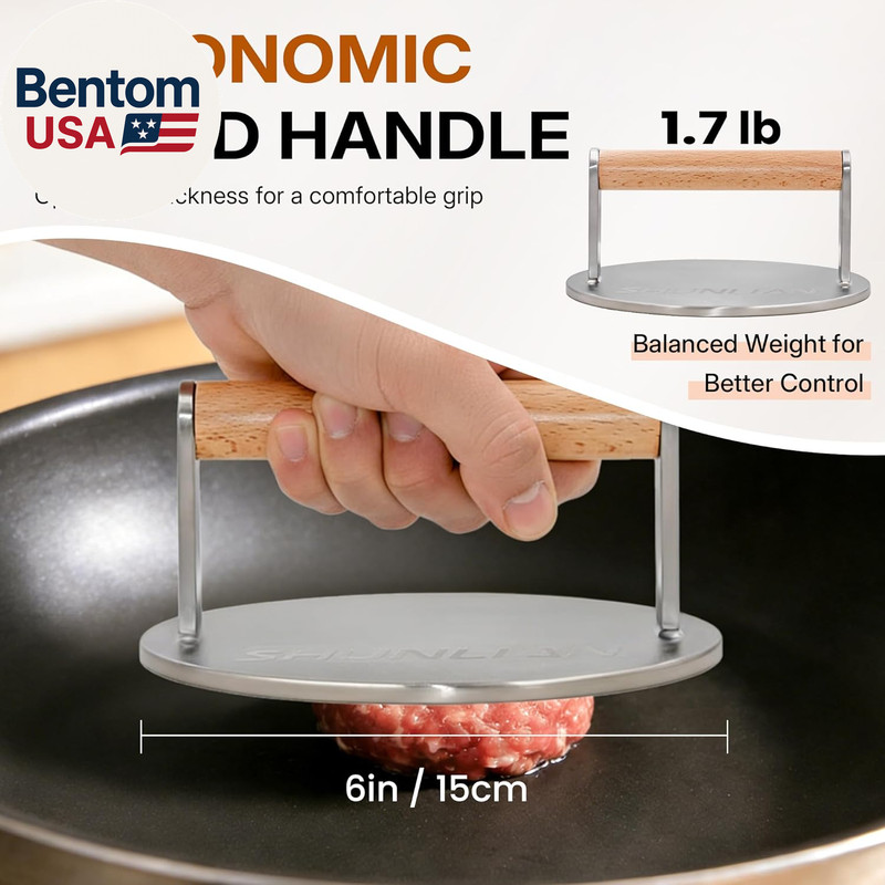 Stainless Steel Burger Smasher, 6 Inch Heavy Duty Grill Press with Wood Handle, gallery
