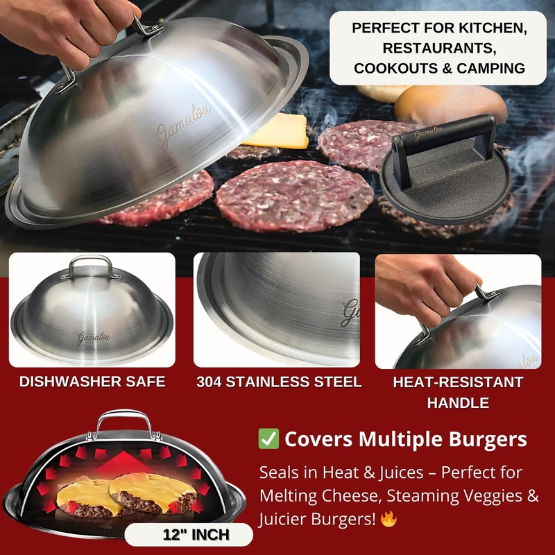 Smash Burger Press Kit 7" Cast Iron Grill Press, 12" Melting Dome, 3 gallery