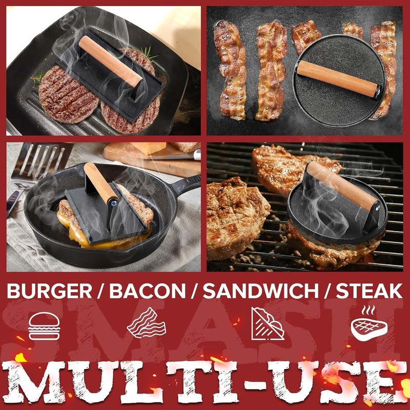 3 in 1 Smash Burger Press Kit Cast Iron Patty Maker with 100 Wax Papers – 5PCS gallery