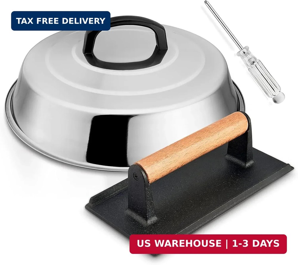 12In Cheese Melting Dome & 8x4In Cast Iron Grill Press, HaSteeL Stainless Steel