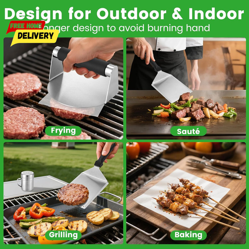Smashed Burger Press Kit with Large Metal Spatula, Stainless Steel Press, Season gallery