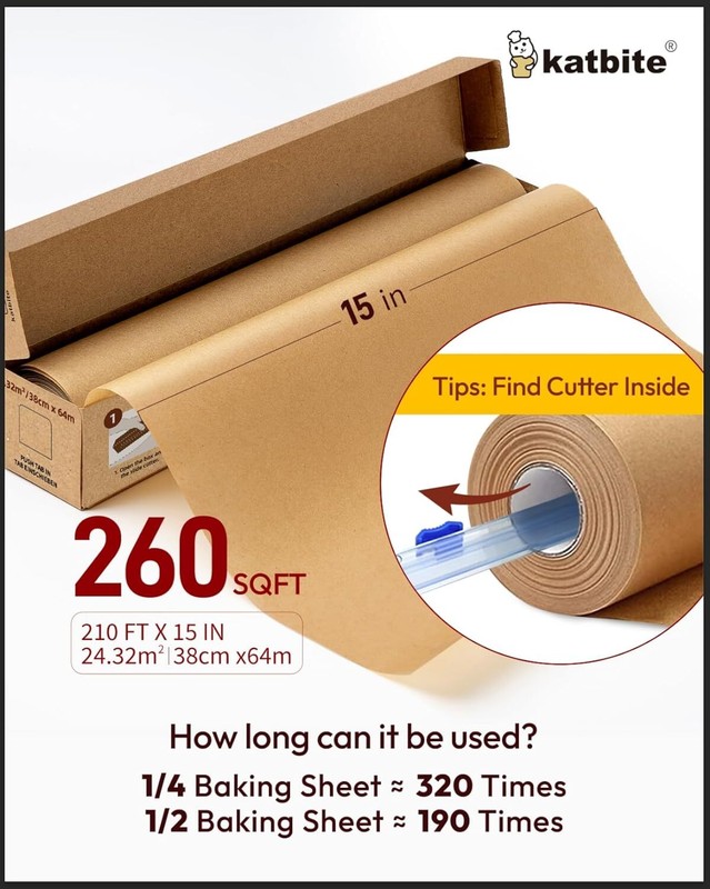 Katbite Unbleached Parchment Paper for Baking, 15 in x 15 x 210 ft, Brown gallery