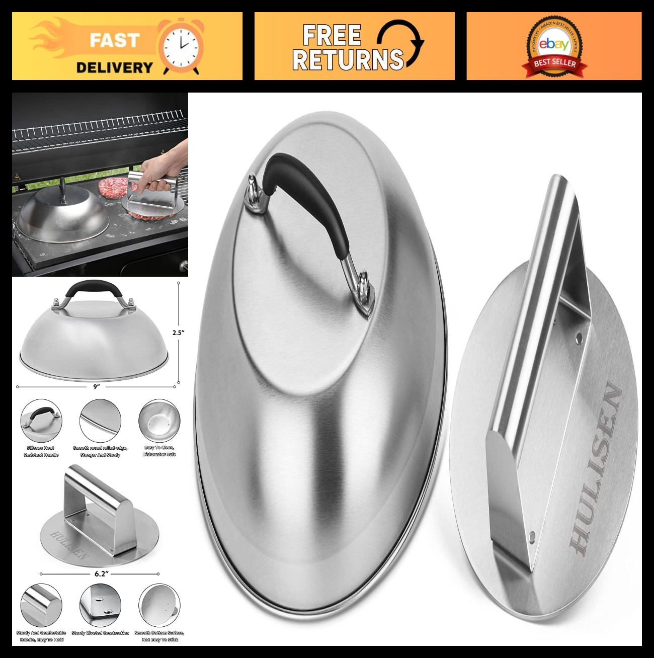Cheese Melting Dome & Burger Press Set, 6.2" Grill Press with 9" Cover, Stainles gallery