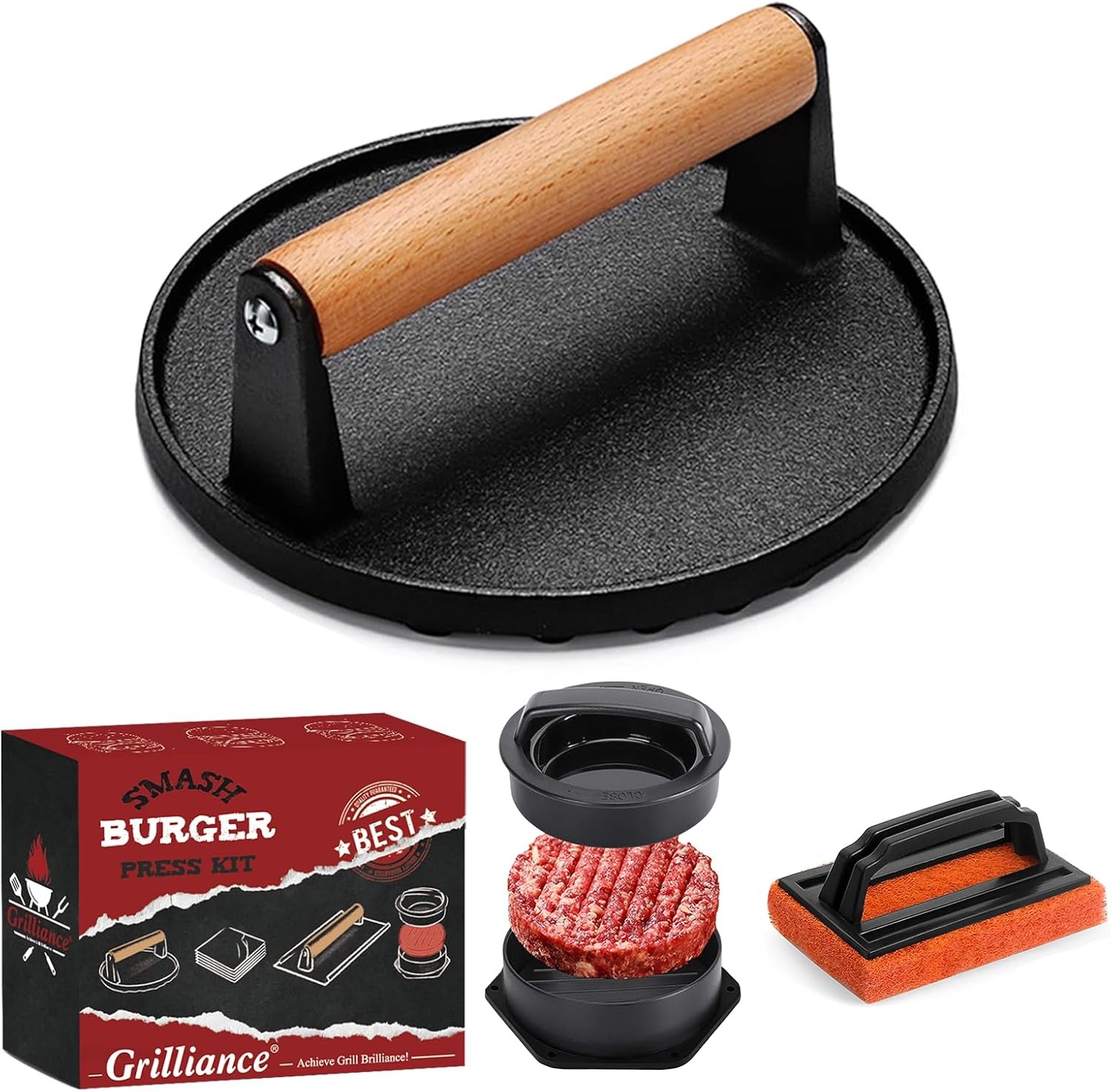 Smash Burger Press Kit 3 in 1 Hamburger Press Patty Maker Dark Black Cast Iron gallery
