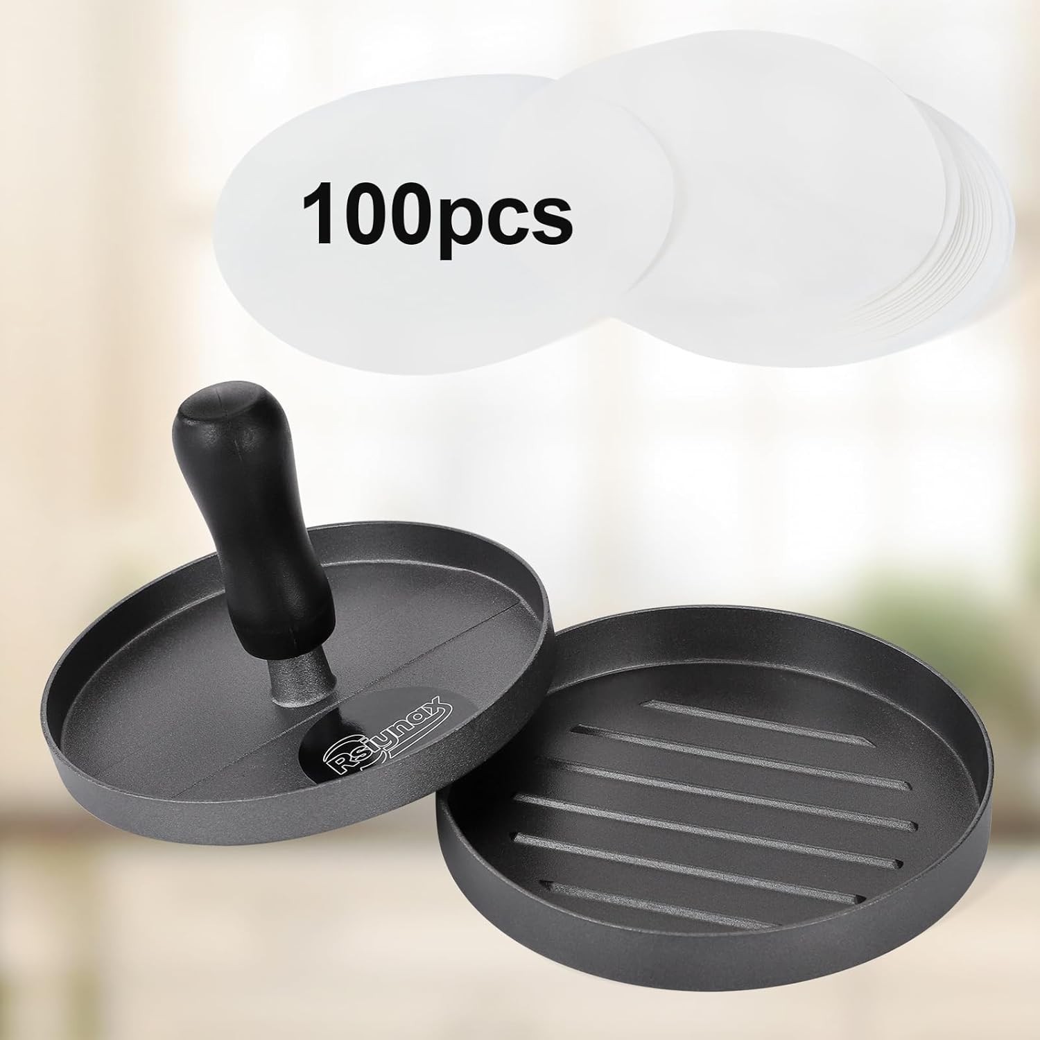 Burger Press Patty Maker Non-Stick Aluminum Hamburger Mold W/ 100 Patty Papers gallery