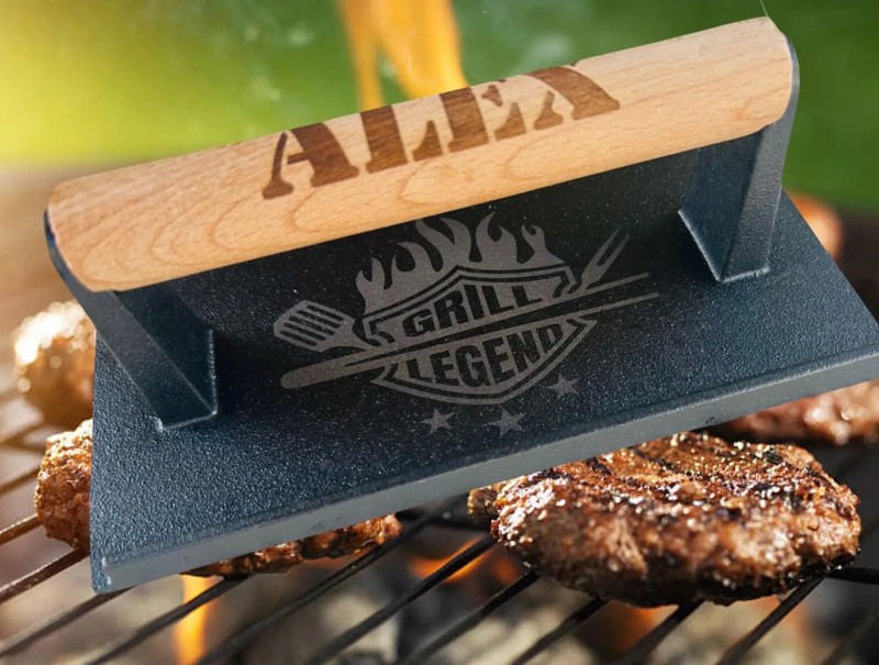 Cast iron burger press personalized gallery