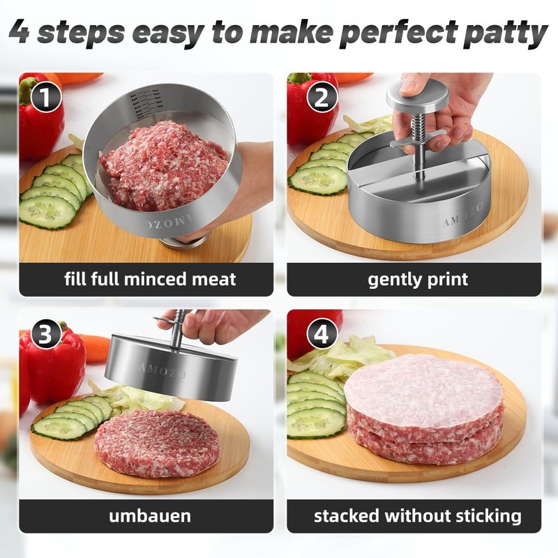 AMOZO Burger Press Patty Maker with 100-Sheet Baking Paper, 5.5 Inch, silvery gallery