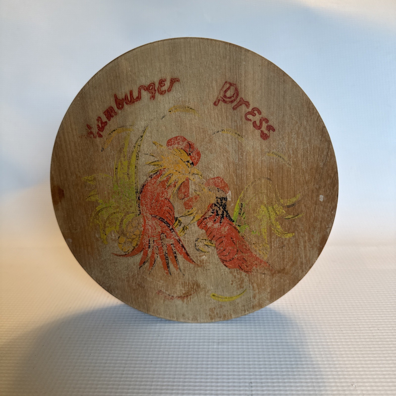 Wooden Hinged Round Hamburger Press Folk Art Painted Rooster Country Vintage 7” gallery