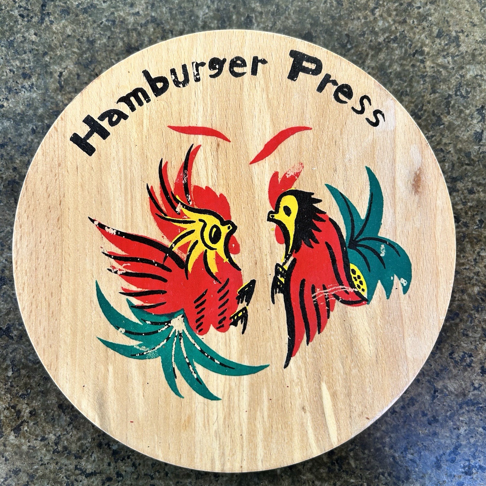 VTG Wooden Hamburger Press Fighting Roosters Chickens Kitchen Tool Decor Japan gallery