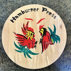 VTG Wooden Hamburger Press Fighting Roosters Chickens Kitchen Tool Decor Japan