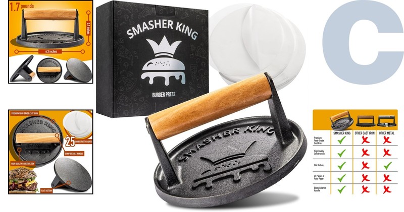 Quality Cast Iron Smash Burger Press Kit - Heavyweight Smasher with Paper Sheets gallery