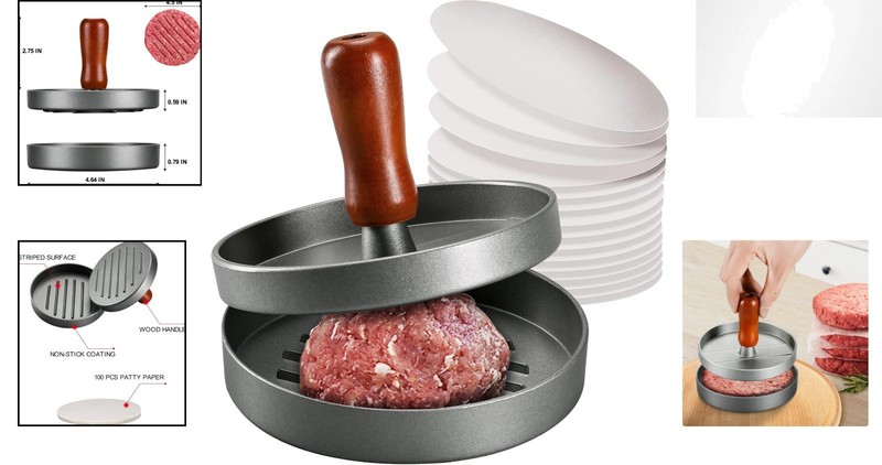Wood-Handled Burger Press with 100 Patty Papers - Ideal for Grilling Perfection gallery