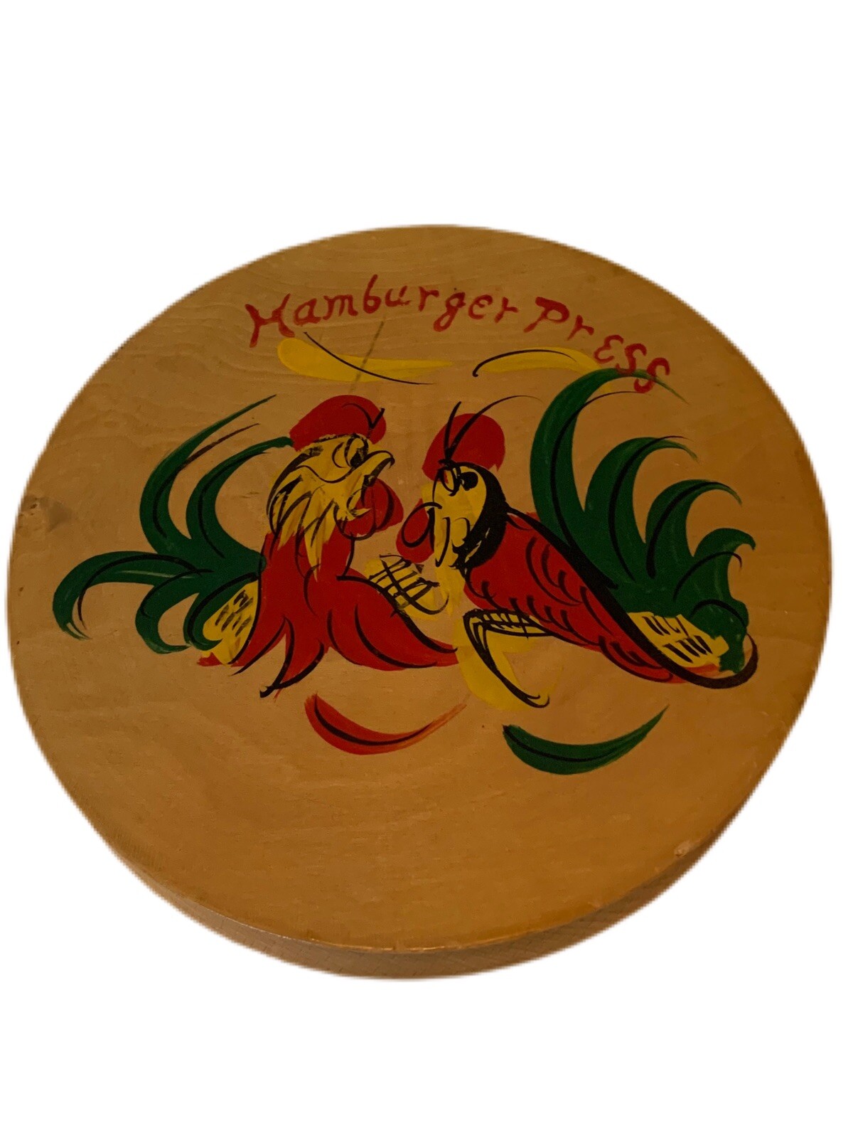 Vintage Japanese Hand Painted Hinged Wooden Burger Press Red Green Roosters gallery