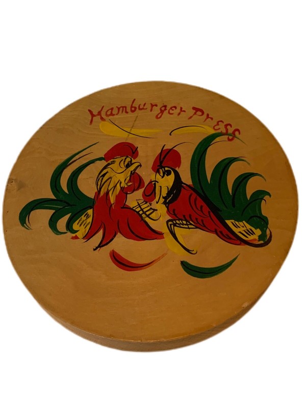 Vintage Japanese Hand Painted Hinged Wooden Burger Press Red Green Roosters gallery