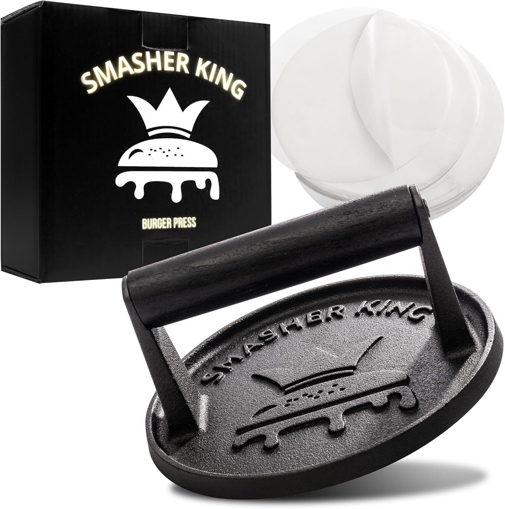 ™ - Premium Cast Iron Smash Burger Press Incl. 25 Pcs of Patty Paper, Burger Sma