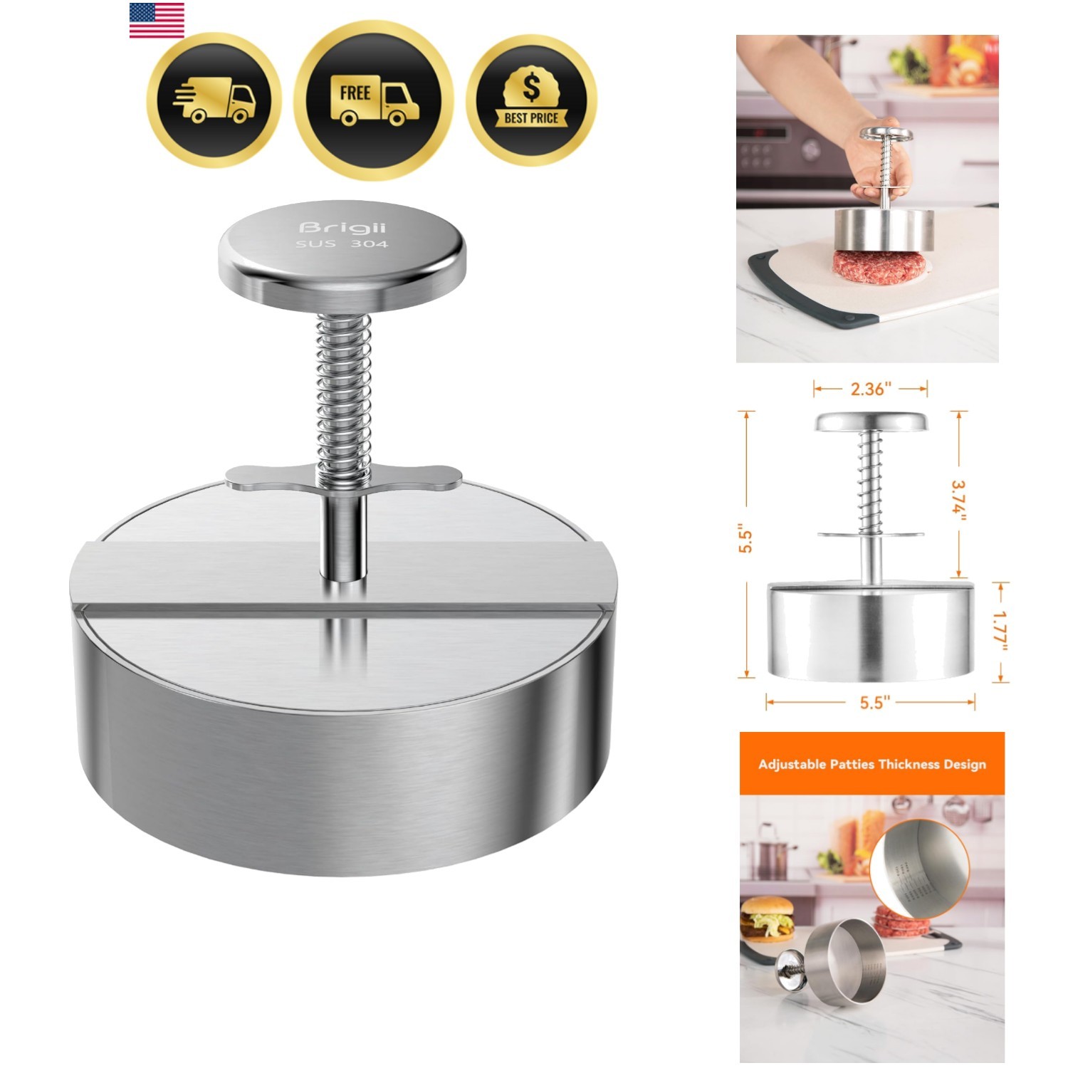 304 Stainless Steel Burger Press,Hamburger Patty Maker, Heavy Duty Stainless ... gallery
