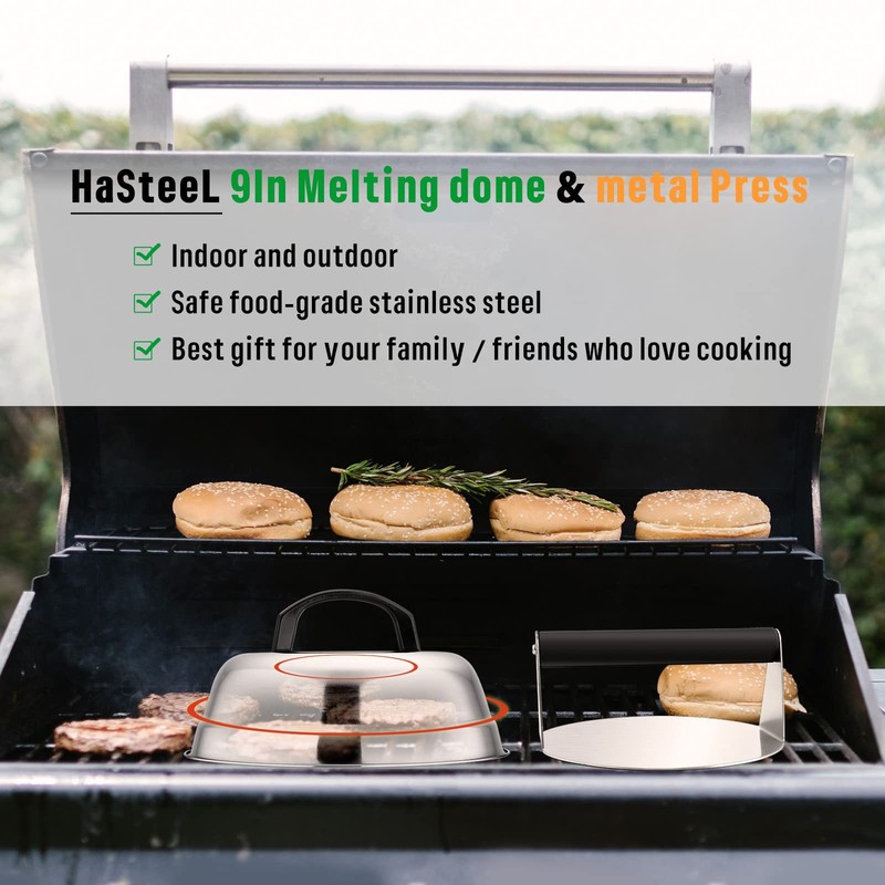 9In Melting Dome & 7In Burger Press, Round Basting Steam Cover with Stainless... gallery