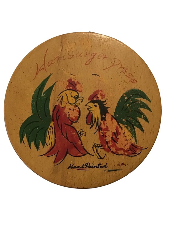 Vintage Roosters Chickens Round Wooden Hamburger Press Hand Painted gallery
