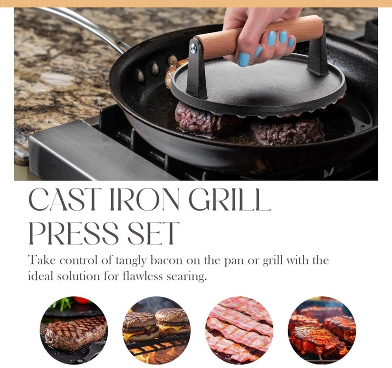 Bellemain Heavy-Duty Cast Iron Grill Press Set – Perfect Smash Burger Press gallery