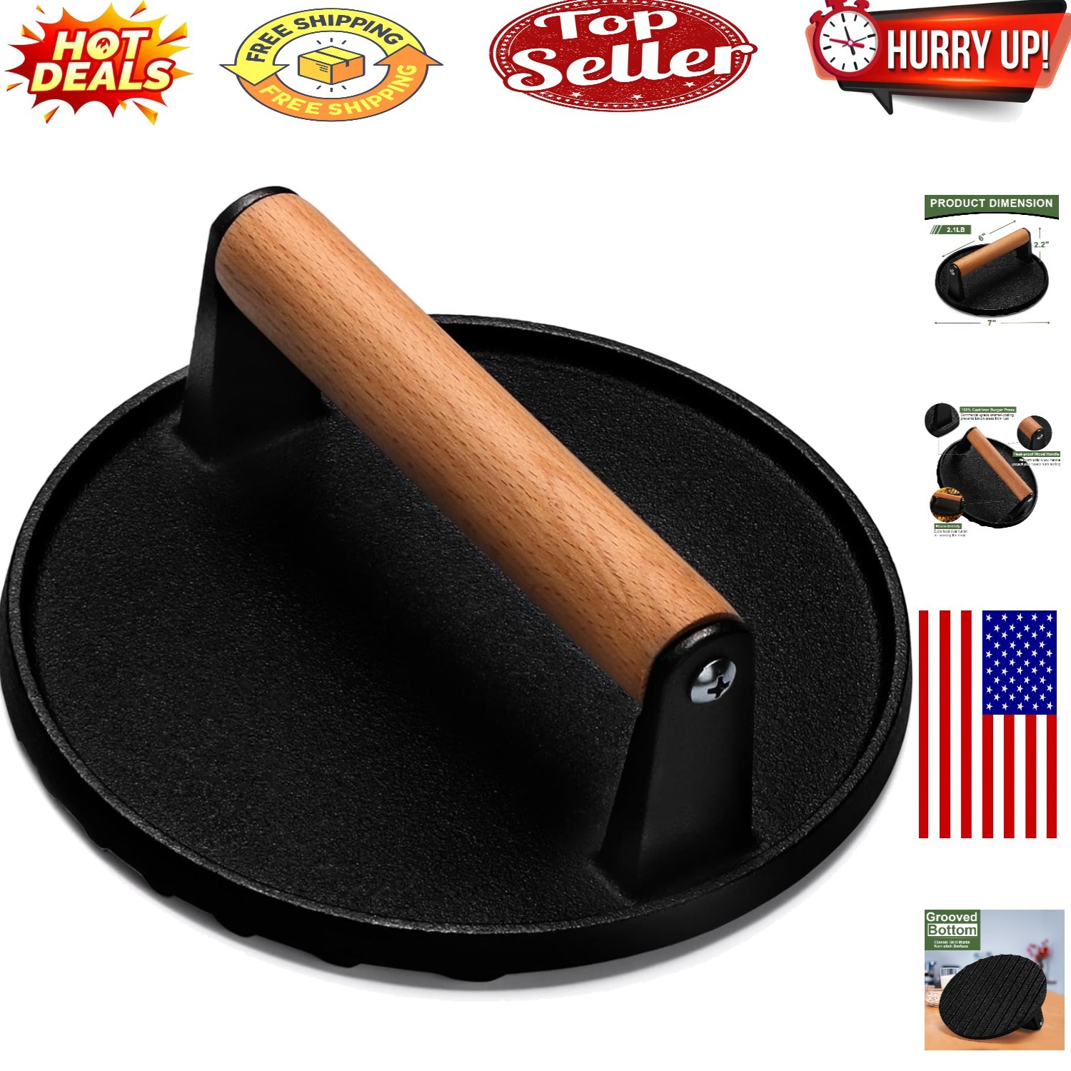 Heavy-Duty Cast Iron Smash Burger Press with Wood Handle gallery