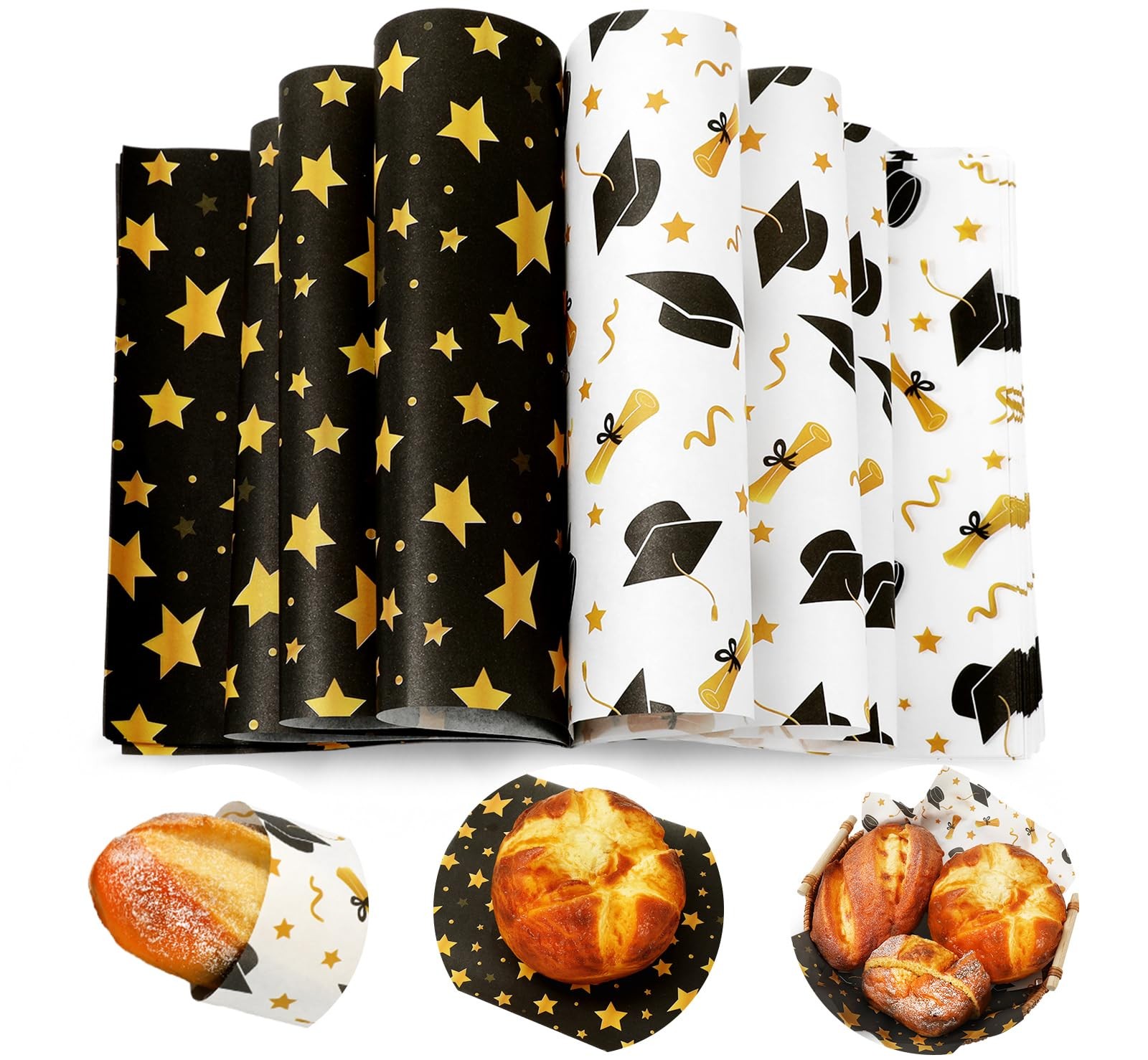 100 Pcs Graduation Wax Paper Deli Wrap Gold Black Graduation Cap Diploma Star Wa gallery