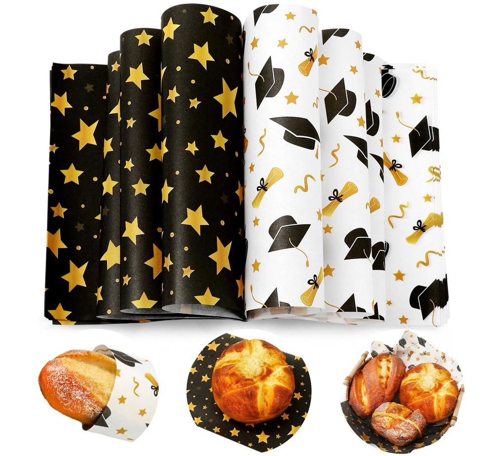 100 Pcs Graduation Wax Paper Deli Wrap Gold Black Graduation Cap Diploma Star Wa