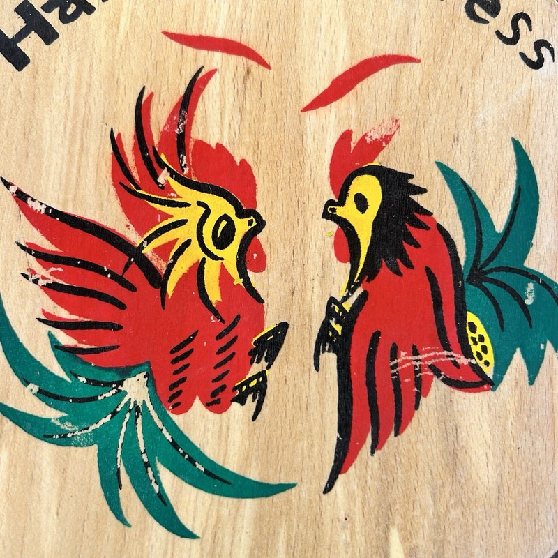 VTG Wooden Hamburger Press Fighting Roosters Chickens Kitchen Tool Decor Japan gallery