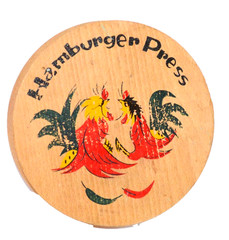 Wood Hinged Hamburger Press Hand Painted Fighting Roosters Vintage Japan 1950s