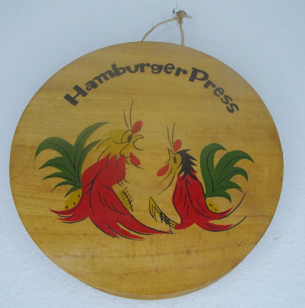 Japanese Fighting Roosters Hamburger Patty Press Chicken Wooden Wall Decor Old