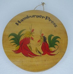 Japanese Fighting Roosters Hamburger Patty Press Chicken Wooden Wall Decor Old