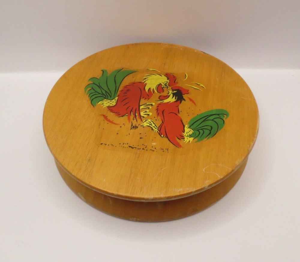 Vtg. Round Wood Hamburger Press - Rooster Applique Hinged Hamburger Patty Press