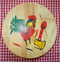 Vtg. Wooden Hamburger Patty Press ~ Hinged Lid ~ Folk Art Hand Painted Rooster