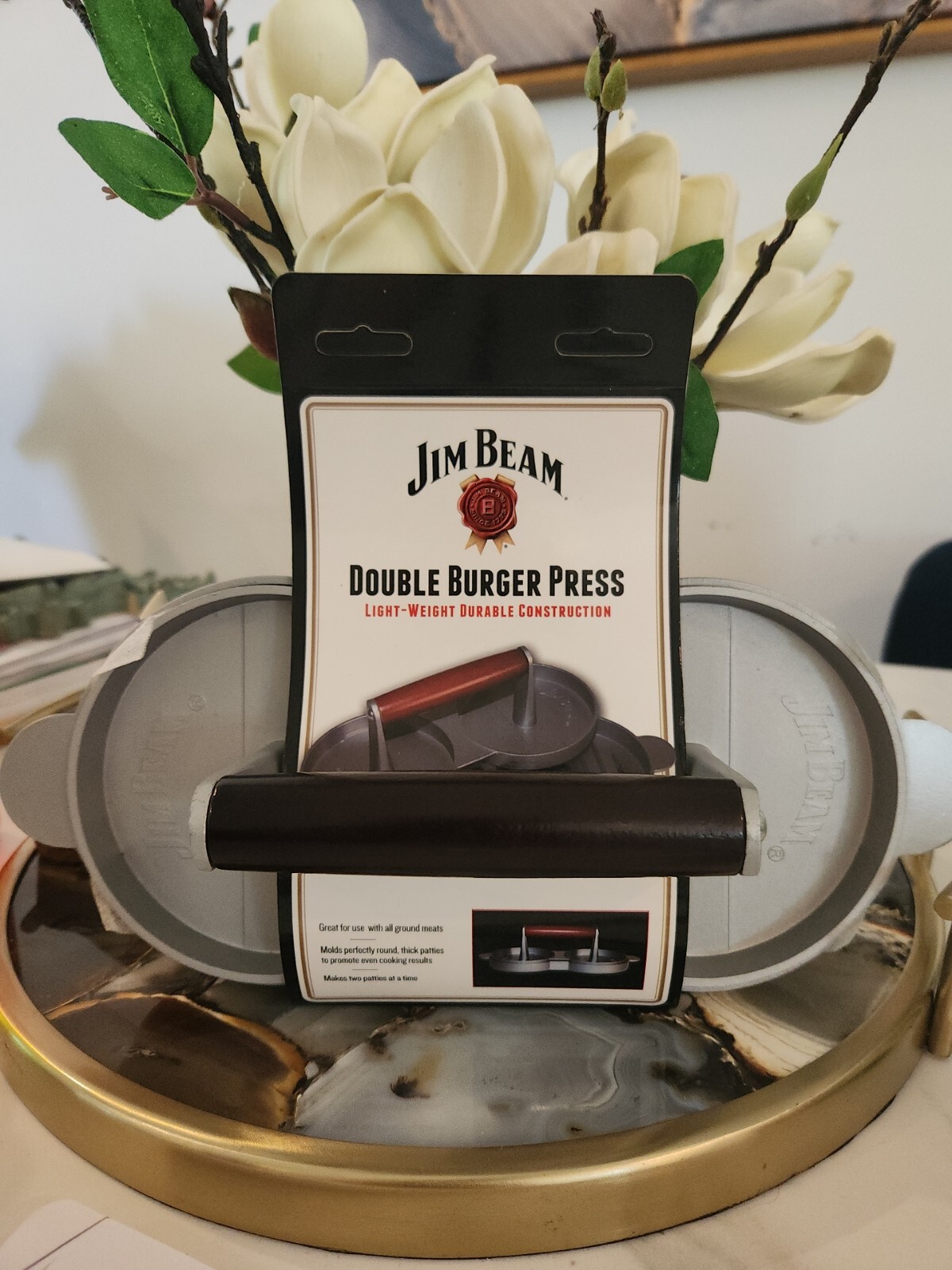 NEW Jim Beam Double Burger Press Light Weight Wood Handles Embossed Beef Patty gallery