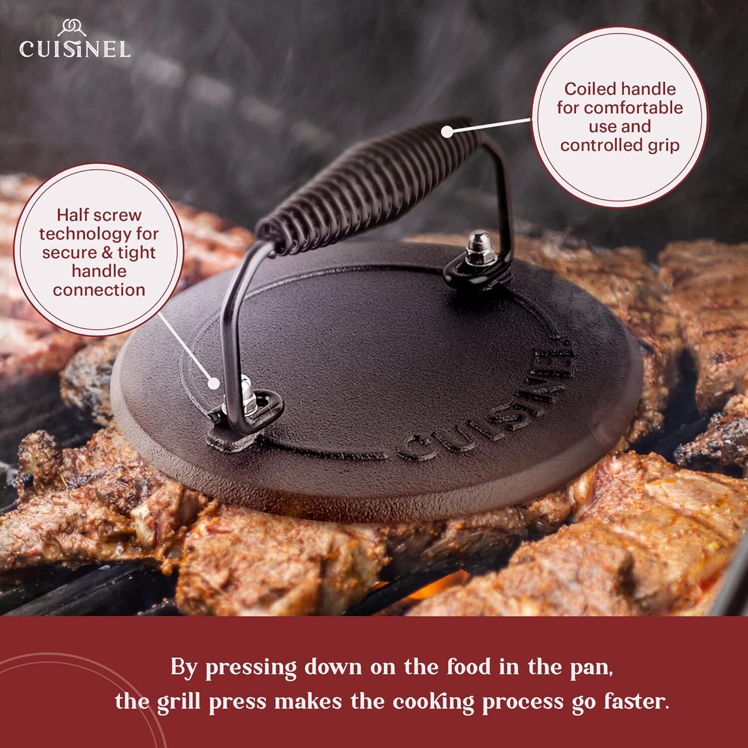 Grill Press Cast Iron Burger Press For Bacon Steak And Smashed Hamburgers 7.5" R gallery