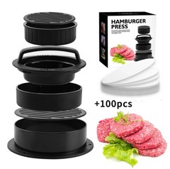 3-in-1 Burger Press Patty Maker Stuffed Hamburger Press Kit w/ 100 Wax Papers