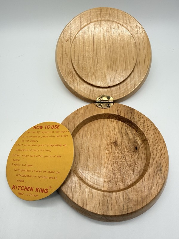 Vintage Wooden Hamburger Press Hinged Kitchen King MCM Rooster gallery