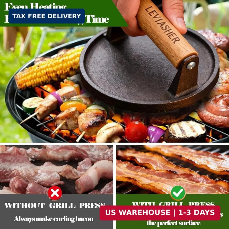 2.3lb Steak Weight & Burger Press, Striped Base, 7" Heavy Duty Cast Iron Grill P gallery