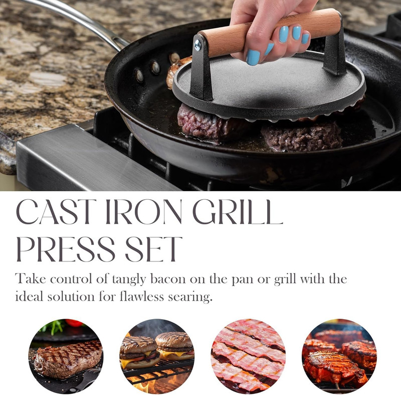 Heavy-Duty Cast Iron Grill Press Set – Perfect Smash Burger Press & Steak Tool w gallery