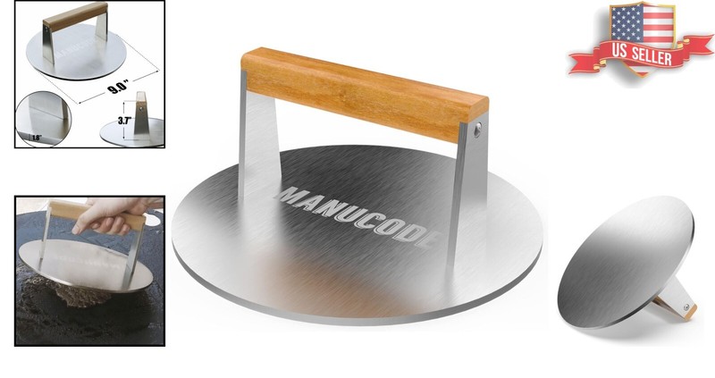 Heavy-Duty Stainless Steel Grill Press - 9 Inches Round Steak Weight with Woo... gallery