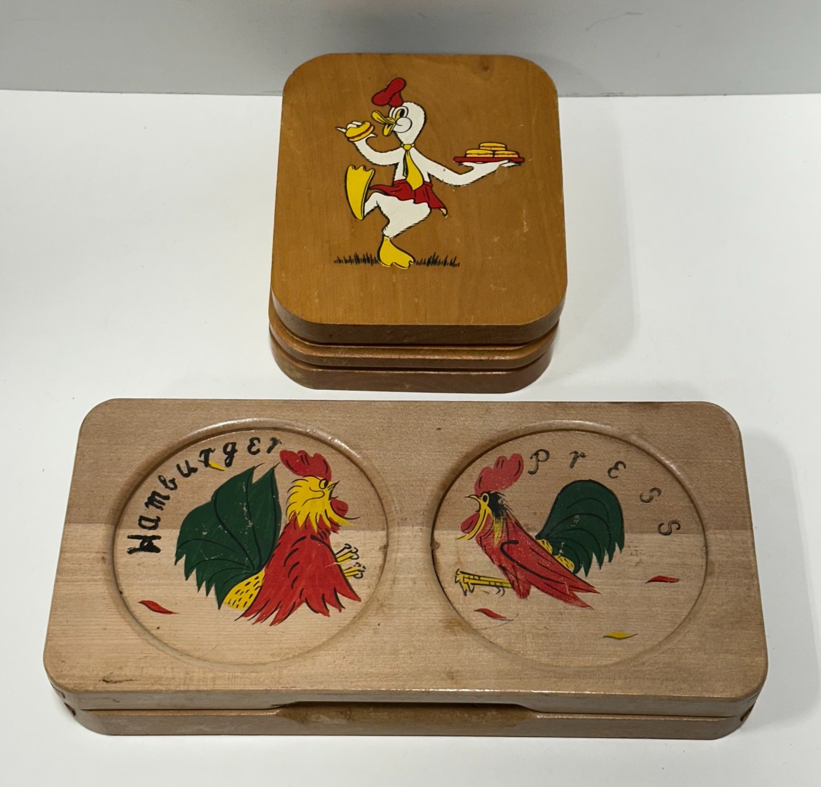 Vintage Hand painted ROOSTER & Duck Japan Hamburger Press Kitchen Decor lot of 2 gallery