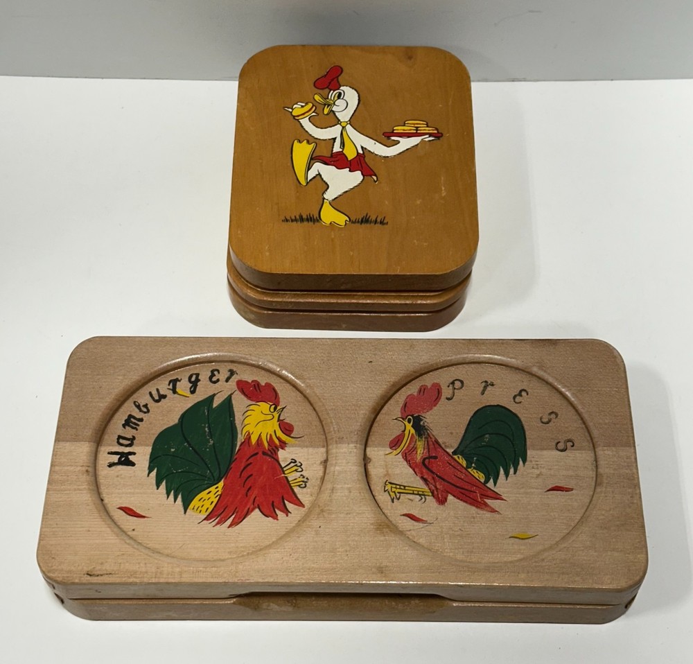 Vintage Hand painted ROOSTER & Duck Japan Hamburger Press Kitchen Decor lot of 2