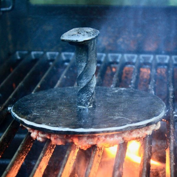 Hand Forged Carbon Steel Jumbo Hamburger Press With Railroad Spike gallery