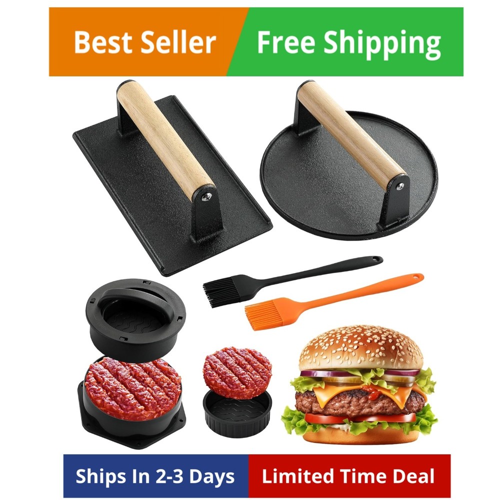 Smash Burger Press Kit - 4 in 1 Stuffed Burger Mold, Cast Iron Burger Presses...