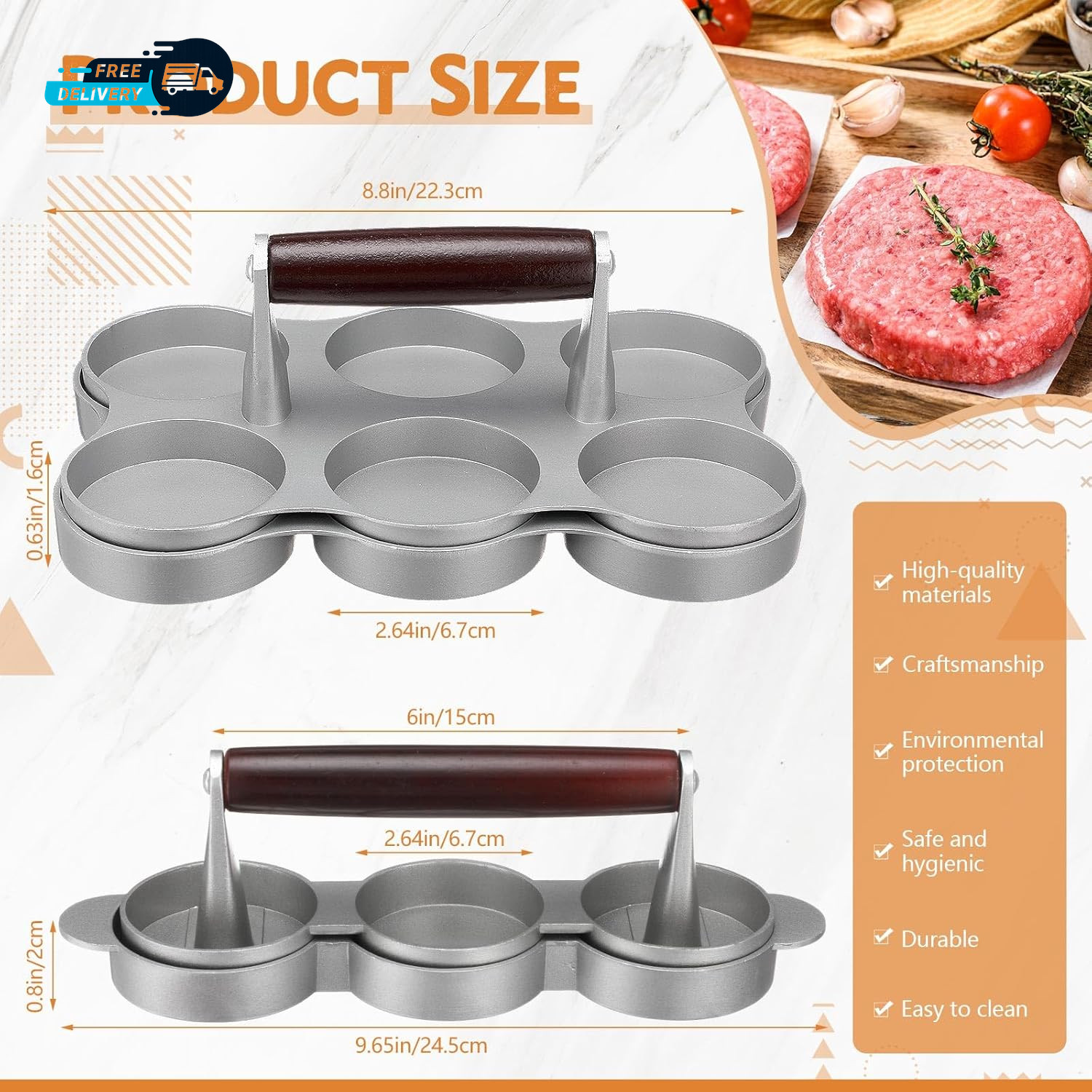 2 Pack Mini Burger Press Patty Maker 6 Slot3 Slot Meat Sausage Mold Small Burger gallery