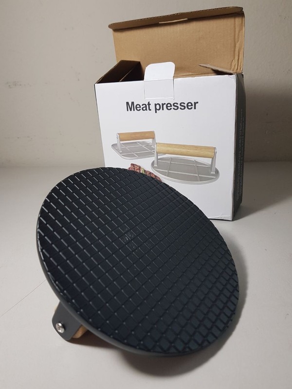 Heavy Duty Round Burger Press / Meat Presser - Cast Iron Grill Tool with Wood Ha gallery