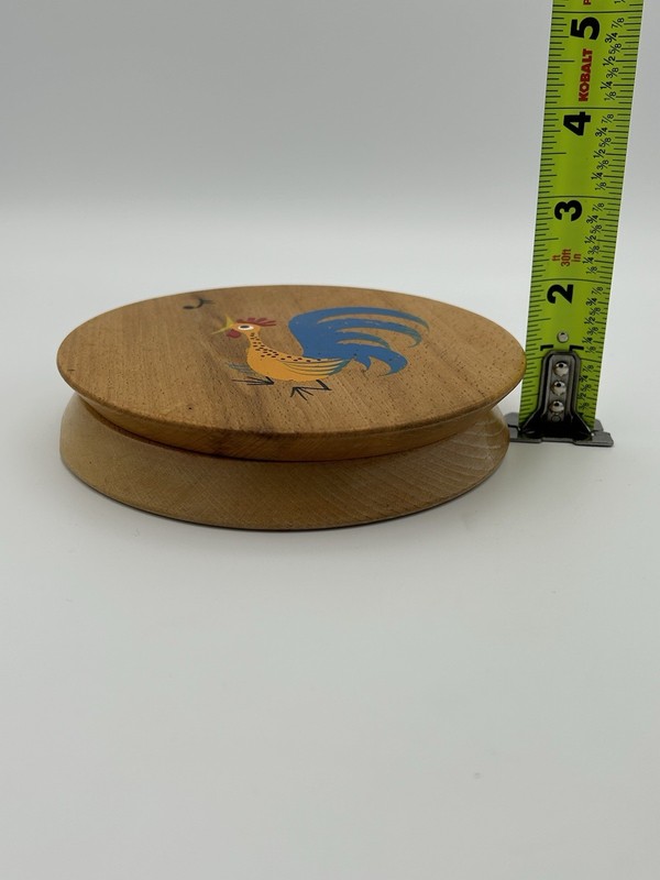 Vintage Wooden Hamburger Press with Colorful Singing Rooster Design gallery