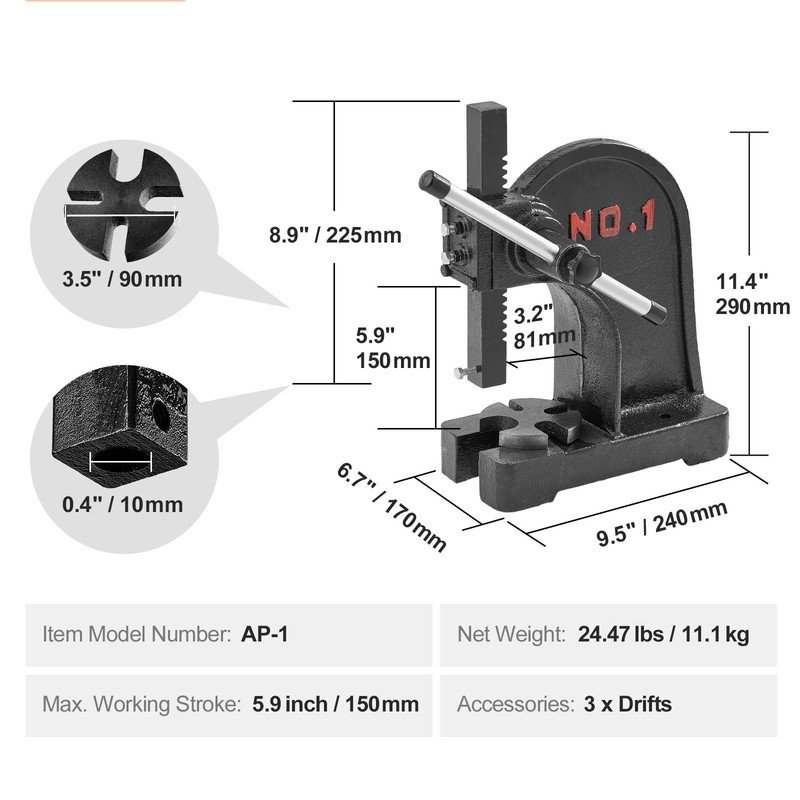 Arbor Press, 1 Ton Manual Arbor Press, 5.9" Maximum Height, Cast Iron Heavy-duty gallery